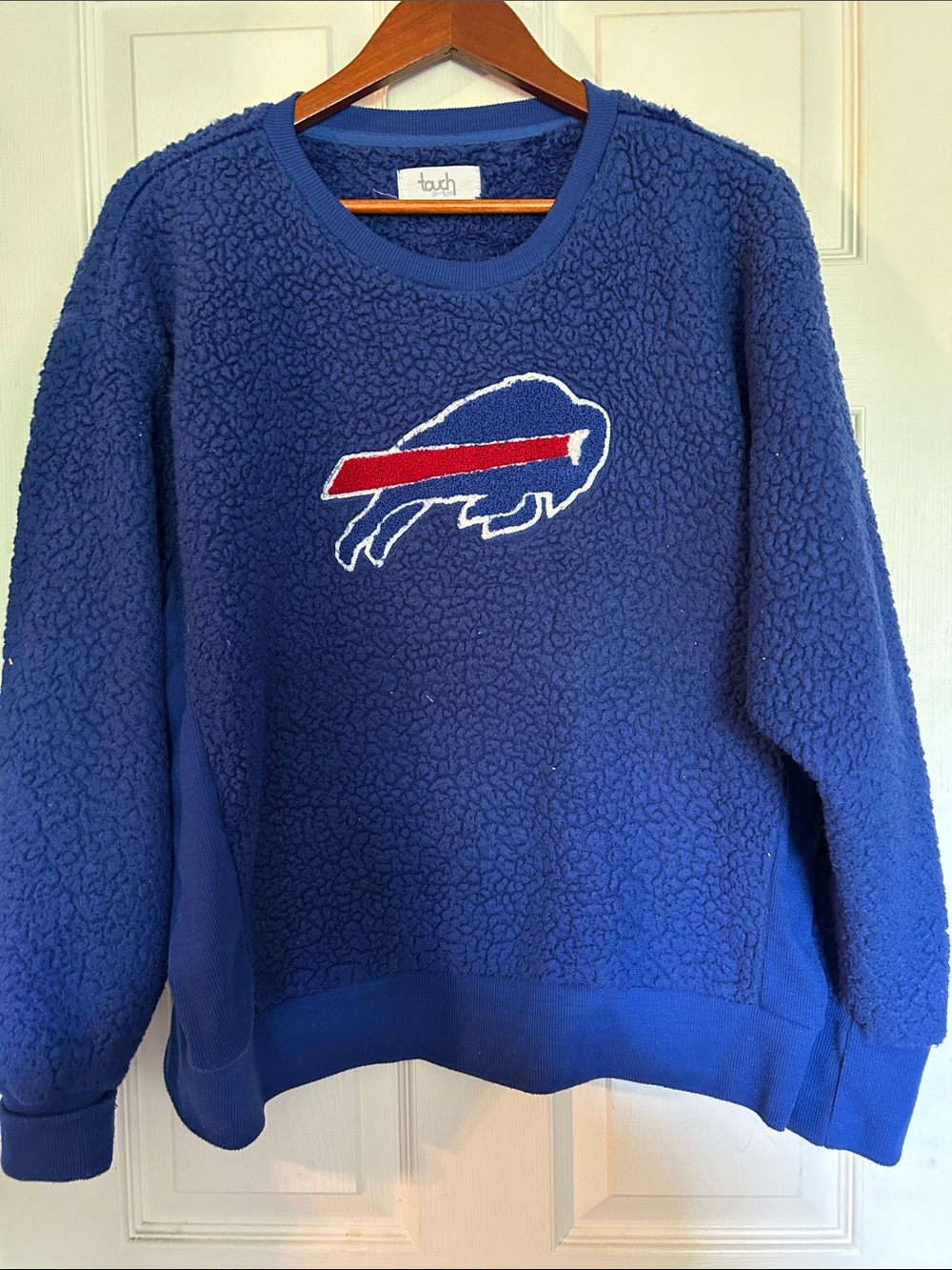 NWOT - Touch Blue Sherpa Crewneck Sweater with Red Accent Buffalo Bills Logo